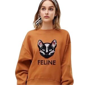 Stradivarius Rust Boxy Sweatshirt with Sequin and Bead Embellished Cat “Feline”